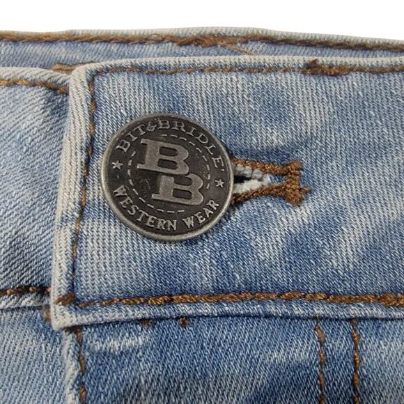 Bit & Bridle Denim Skirt Womens 8 Whiskering Blanket Stitching Rodeo Western - Picture 2 of 14